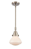 447-1S-SN-G321 Stem Hung 6.75" Brushed Satin Nickel Mini Pendant - Matte White Olean Glass - LED Bulb - Dimmensions: 6.75 x 6.75 x 8.875<br>Minimum Height : 11.875<br>Maximum Height : 41.875 - Sloped Ceiling Compatible: Yes