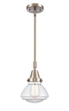 447-1S-SN-G322 Stem Hung 6.75" Brushed Satin Nickel Mini Pendant - Clear Olean Glass - LED Bulb - Dimmensions: 6.75 x 6.75 x 8.875<br>Minimum Height : 11.875<br>Maximum Height : 41.875 - Sloped Ceiling Compatible: Yes