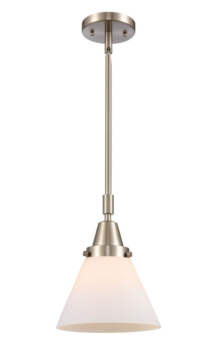 447-1S-SN-G41 Stem Hung 8" Brushed Satin Nickel Mini Pendant - Matte White Cased Large Cone Glass - LED Bulb - Dimmensions: 8 x 8 x 11.125<br>Minimum Height : 14.125<br>Maximum Height : 44.125 - Sloped Ceiling Compatible: Yes