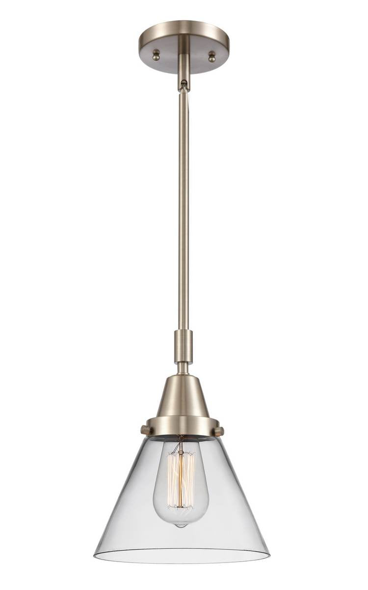447-1S-SN-G42 Stem Hung 8" Brushed Satin Nickel Mini Pendant - Clear Large Cone Glass - LED Bulb - Dimmensions: 8 x 8 x 11.125<br>Minimum Height : 14.125<br>Maximum Height : 44.125 - Sloped Ceiling Compatible: Yes