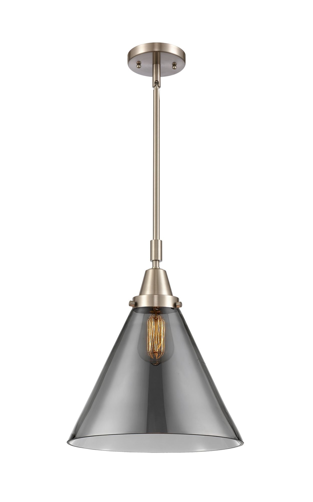 447-1S-SN-G43-L Stem Hung 12" Brushed Satin Nickel Mini Pendant - Plated Smoke Cone 12" Glass - LED Bulb - Dimmensions: 12 x 12 x 17.125<br>Minimum Height : 20.125<br>Maximum Height : 50.125 - Sloped Ceiling Compatible: Yes