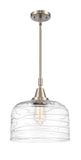447-1S-SN-G713-L Stem Hung 12" Brushed Satin Nickel Mini Pendant - Clear Deco Swirl X-Large Bell Glass - LED Bulb - Dimmensions: 12 x 12 x 14.125<br>Minimum Height : 17.125<br>Maximum Height : 47.125 - Sloped Ceiling Compatible: Yes