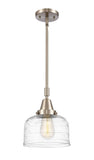 447-1S-SN-G713 Stem Hung 8" Brushed Satin Nickel Mini Pendant - Clear Deco Swirl Large Bell Glass - LED Bulb - Dimmensions: 8 x 8 x 11.125<br>Minimum Height : 14.125<br>Maximum Height : 44.125 - Sloped Ceiling Compatible: Yes