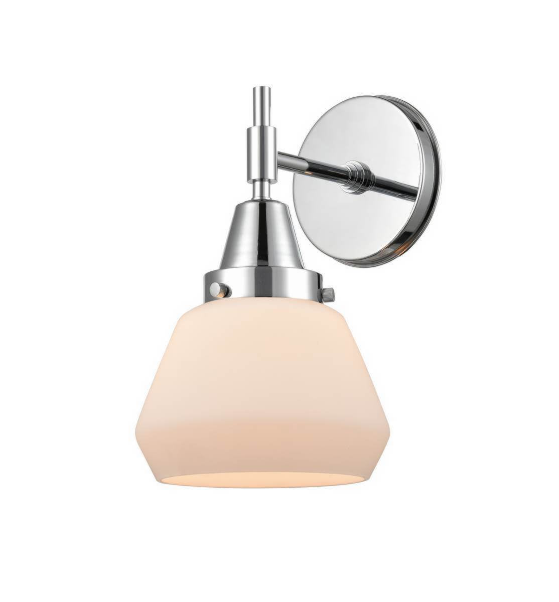 447-1W-PC-G171 1-Light 6.75" Polished Chrome Sconce - Matte White Cased Fulton Glass - LED Bulb - Dimmensions: 6.75 x 8.625 x 10.5 - Glass Up or Down: Yes