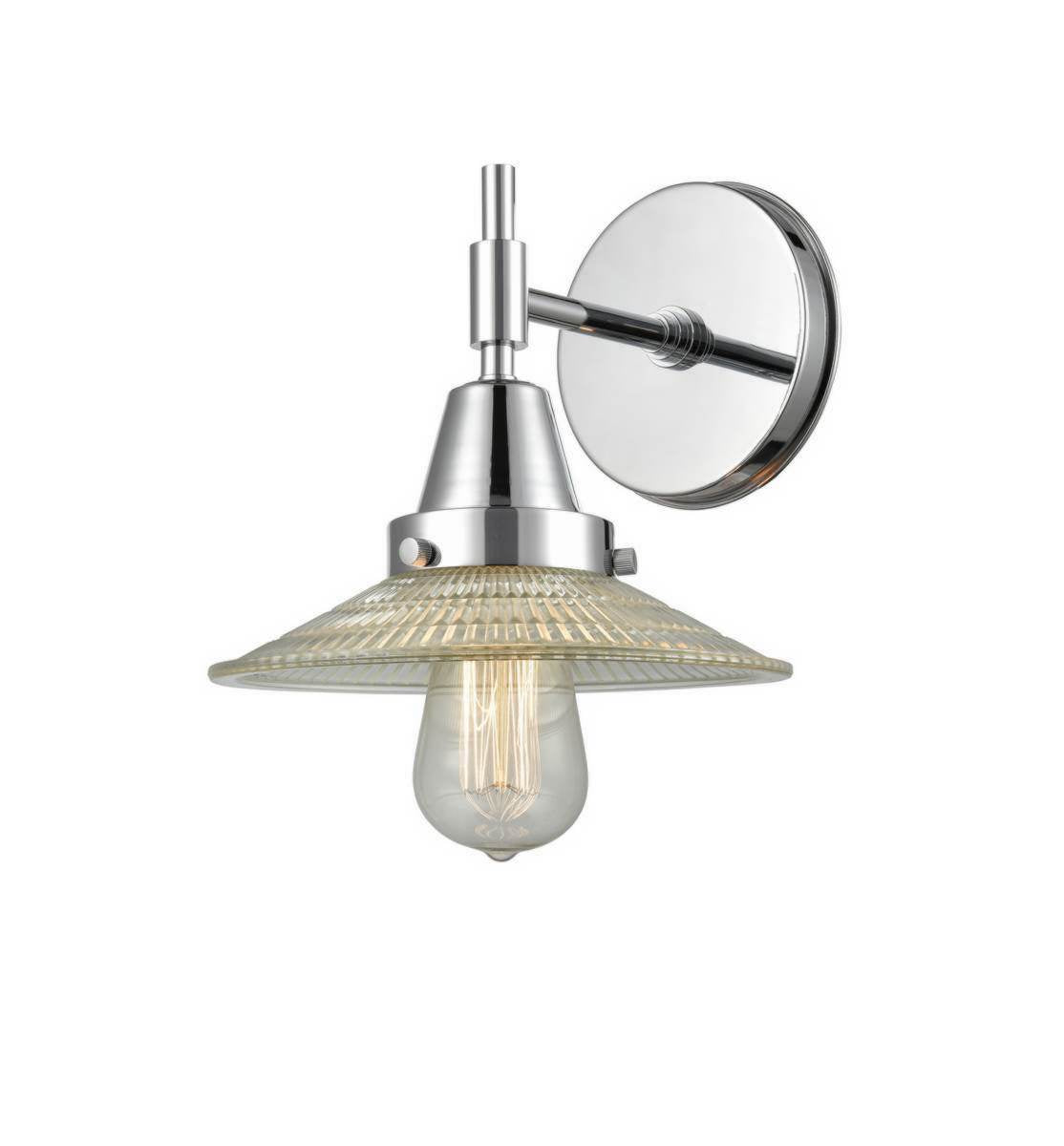 447-1W-PC-G2 1-Light 9" Polished Chrome Sconce - Clear Halophane Glass - LED Bulb - Dimmensions: 9 x 9.75 x 7.25 - Glass Up or Down: Yes