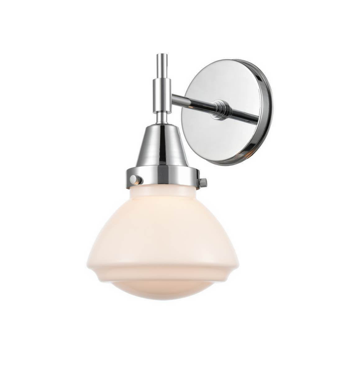 447-1W-PC-G321 1-Light 6.75" Polished Chrome Sconce - Matte White Olean Glass - LED Bulb - Dimmensions: 6.75 x 8.625 x 10.25 - Glass Up or Down: Yes