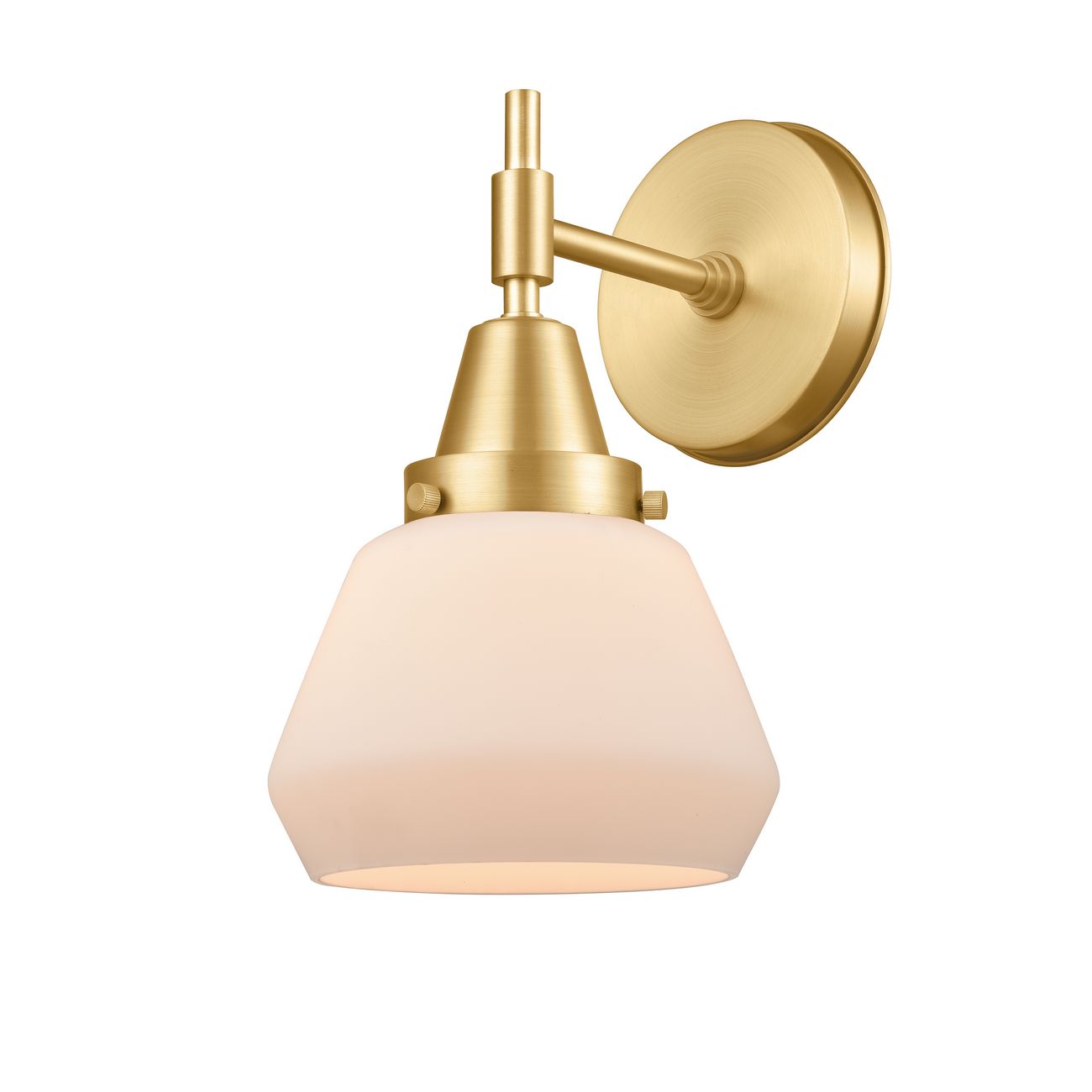 447-1W-SG-G171 1-Light 6.75" Satin Gold Sconce - Matte White Cased Fulton Glass - LED Bulb - Dimmensions: 6.75 x 8.625 x 10.5 - Glass Up or Down: Yes