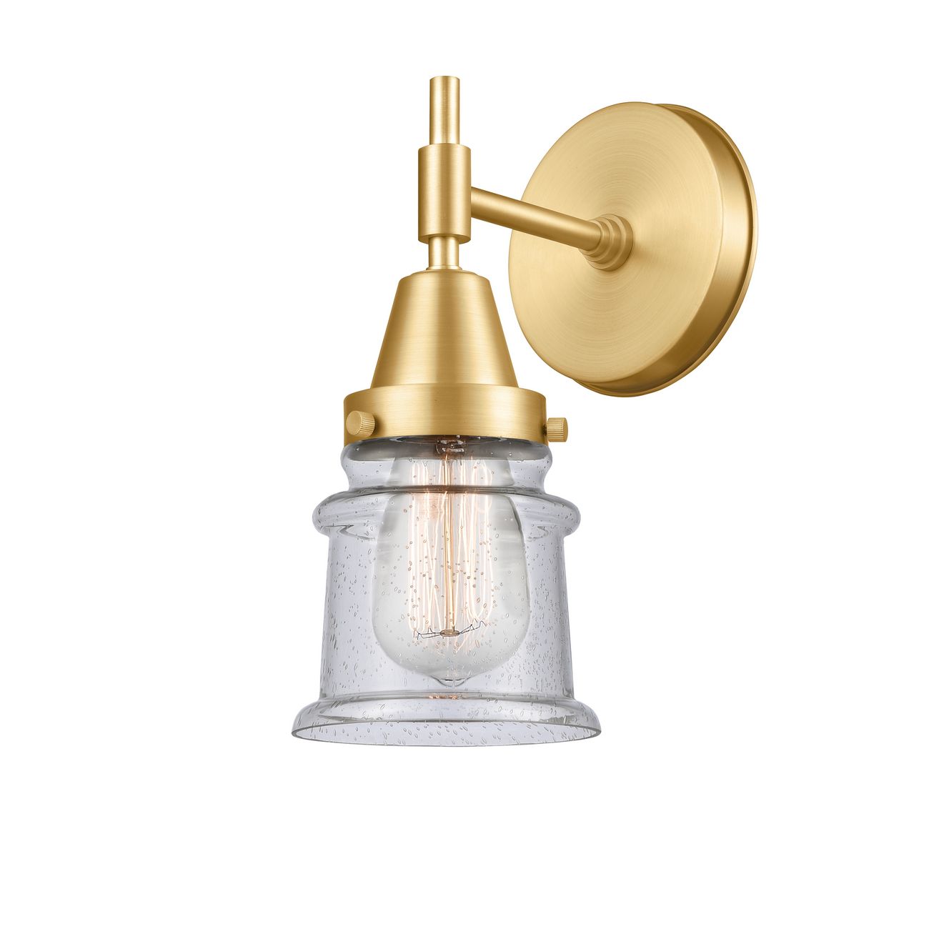 447-1W-SG-G184S 1-Light 5.25" Satin Gold Sconce - Seedy Small Canton Glass - LED Bulb - Dimmensions: 5.25 x 7.875 x 10.75 - Glass Up or Down: Yes