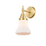 447-1W-SG-G191 1-Light 6" Satin Gold Sconce - Matte White Bellmont Glass - LED Bulb - Dimmensions: 6 x 8.25 x 11.5 - Glass Up or Down: Yes