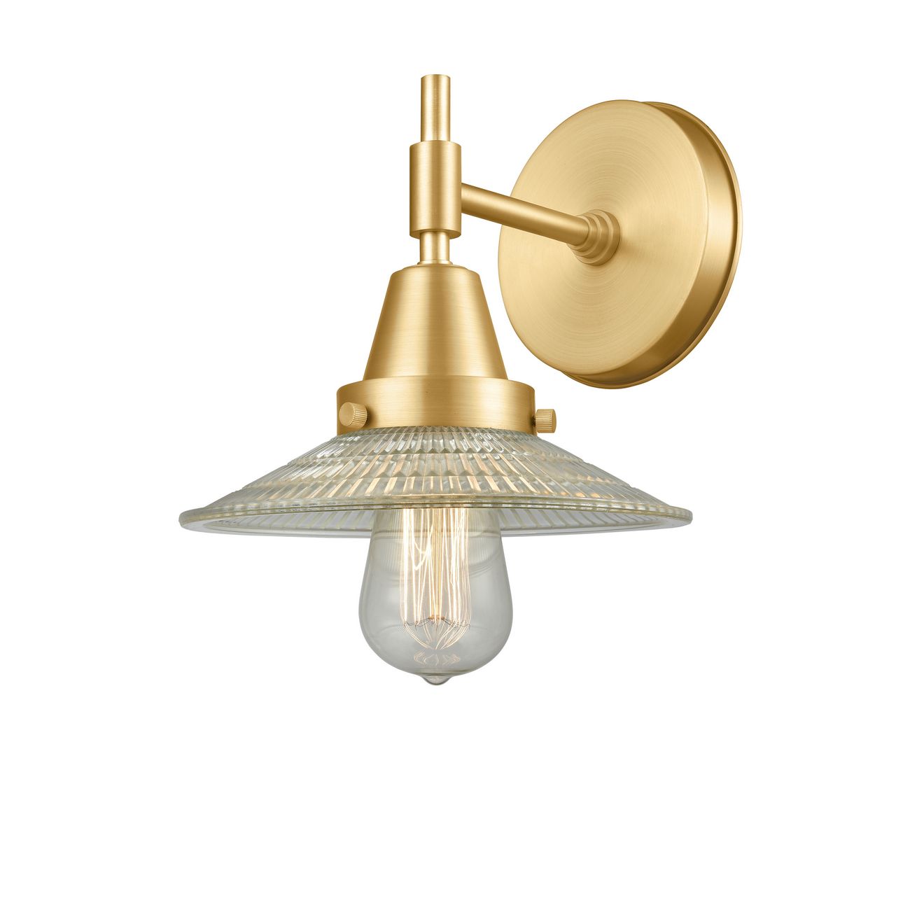 447-1W-SG-G2 1-Light 9" Satin Gold Sconce - Clear Halophane Glass - LED Bulb - Dimmensions: 9 x 9.75 x 7.25 - Glass Up or Down: Yes