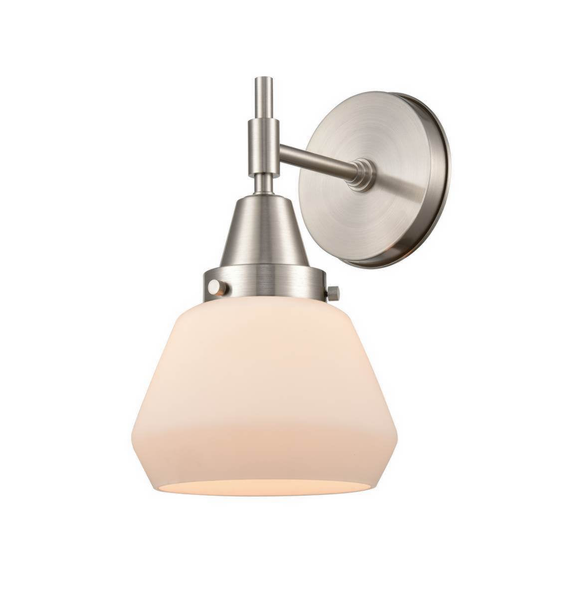 447-1W-SN-G171 1-Light 6.75" Satin Nickel Sconce - Matte White Cased Fulton Glass - LED Bulb - Dimmensions: 6.75 x 8.625 x 10.5 - Glass Up or Down: Yes