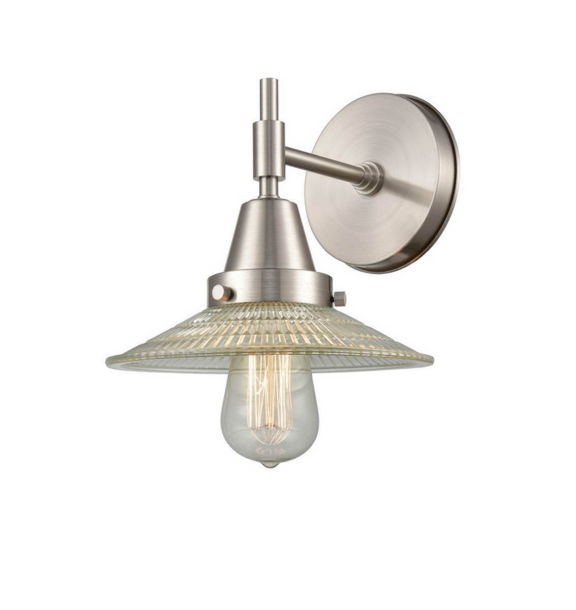 447-1W-SN-G2 1-Light 9" Satin Nickel Sconce - Clear Halophane Glass - LED Bulb - Dimmensions: 9 x 9.75 x 7.25 - Glass Up or Down: Yes