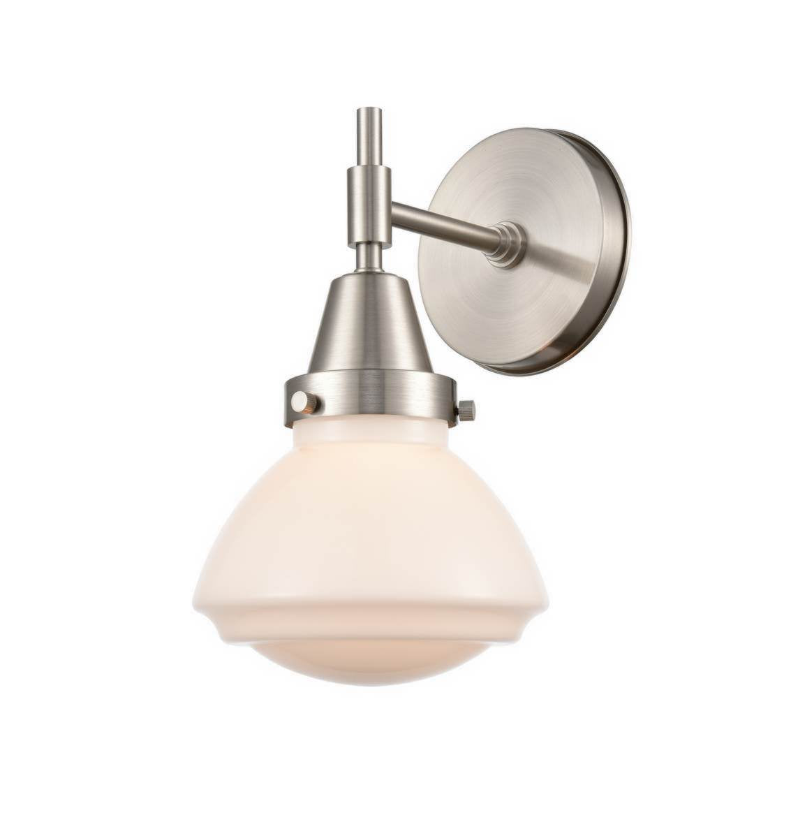 447-1W-SN-G321 1-Light 6.75" Satin Nickel Sconce - Matte White Olean Glass - LED Bulb - Dimmensions: 6.75 x 8.625 x 10.25 - Glass Up or Down: Yes