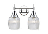 447-2W-PC-G302 2-Light 14.5" Polished Chrome Bath Vanity Light - Thick Clear Halophane Colton Glass - LED Bulb - Dimmensions: 14.5 x 8 x 11.25 - Glass Up or Down: Yes