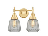 447-2W-SG-G142 2-Light 15.25" Satin Gold Bath Vanity Light - Clear Chatham Glass - LED Bulb - Dimmensions: 15.25 x 8.375 x 12 - Glass Up or Down: Yes