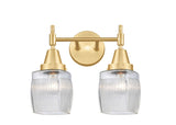 447-2W-SG-G302 2-Light 14.5" Satin Gold Bath Vanity Light - Thick Clear Halophane Colton Glass - LED Bulb - Dimmensions: 14.5 x 8 x 11.25 - Glass Up or Down: Yes
