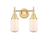 447-2W-SG-G311 2-Light 13.5" Satin Gold Bath Vanity Light - Matte White Cased Dover Glass - LED Bulb - Dimmensions: 13.5 x 7.5 x 11.75 - Glass Up or Down: Yes