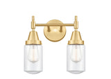 447-2W-SG-G312 2-Light 13.5" Satin Gold Bath Vanity Light - Clear Dover Glass - LED Bulb - Dimmensions: 13.5 x 7.5 x 11.75 - Glass Up or Down: Yes