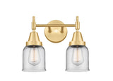 447-2W-SG-G52 2-Light 14" Satin Gold Bath Vanity Light - Clear Small Bell Glass - LED Bulb - Dimmensions: 14 x 7.75 x 11 - Glass Up or Down: Yes