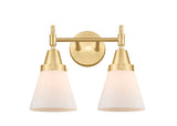 447-2W-SG-G61 2-Light 15.25" Satin Gold Bath Vanity Light - Matte White Cased Small Cone Glass - LED Bulb - Dimmensions: 15.25 x 8.375 x 11 - Glass Up or Down: Yes
