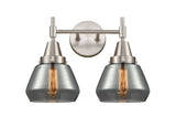 447-2W-SN-G173 2-Light 15.75" Satin Nickel Bath Vanity Light - Plated Smoke Fulton Glass - LED Bulb - Dimmensions: 15.75 x 8.625 x 10.5 - Glass Up or Down: Yes