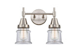 447-2W-SN-G182S 2-Light 14.25" Satin Nickel Bath Vanity Light - Clear Small Canton Glass - LED Bulb - Dimmensions: 14.25 x 7.875 x 10.75 - Glass Up or Down: Yes