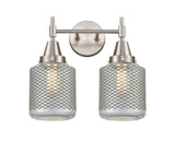 447-2W-SN-G262 2-Light 15" Satin Nickel Bath Vanity Light - Vintage Wire Mesh Stanton Glass - LED Bulb - Dimmensions: 15 x 8.25 x 13 - Glass Up or Down: Yes