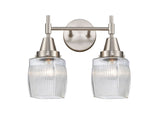447-2W-SN-G302 2-Light 14.5" Satin Nickel Bath Vanity Light - Thick Clear Halophane Colton Glass - LED Bulb - Dimmensions: 14.5 x 8 x 11.25 - Glass Up or Down: Yes