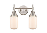 447-2W-SN-G311 2-Light 13.5" Satin Nickel Bath Vanity Light - Matte White Cased Dover Glass - LED Bulb - Dimmensions: 13.5 x 7.5 x 11.75 - Glass Up or Down: Yes