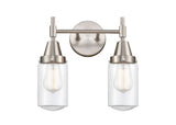 447-2W-SN-G312 2-Light 13.5" Satin Nickel Bath Vanity Light - Clear Dover Glass - LED Bulb - Dimmensions: 13.5 x 7.5 x 11.75 - Glass Up or Down: Yes