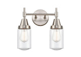 447-2W-SN-G314 2-Light 13.5" Satin Nickel Bath Vanity Light - Seedy Dover Glass - LED Bulb - Dimmensions: 13.5 x 7.5 x 11.75 - Glass Up or Down: Yes