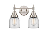 447-2W-SN-G52 2-Light 14" Satin Nickel Bath Vanity Light - Clear Small Bell Glass - LED Bulb - Dimmensions: 14 x 7.75 x 11 - Glass Up or Down: Yes