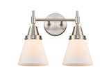 447-2W-SN-G61 2-Light 15.25" Satin Nickel Bath Vanity Light - Matte White Cased Small Cone Glass - LED Bulb - Dimmensions: 15.25 x 8.375 x 11 - Glass Up or Down: Yes