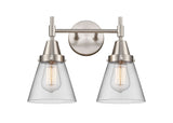 447-2W-SN-G62 2-Light 15.25" Satin Nickel Bath Vanity Light - Clear Small Cone Glass - LED Bulb - Dimmensions: 15.25 x 8.375 x 11 - Glass Up or Down: Yes