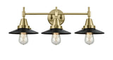 447-3W-AB-M6-BK 3-Light 26" Antique Brass Bath Vanity Light - Matte Black Railroad Shade - LED Bulb - Dimmensions: 26 x 9.25 x 7.25 - Glass Up or Down: Yes