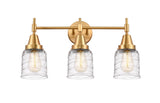 447-3W-SG-G513 3-Light 23" Satin Gold Bath Vanity Light - Clear Deco Swirl Small Bell Glass - LED Bulb - Dimmensions: 23 x 7.75 x 11 - Glass Up or Down: Yes