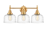 447-3W-SG-G713 3-Light 26" Satin Gold Bath Vanity Light - Clear Deco Swirl Large Bell Glass - LED Bulb - Dimmensions: 26 x 9.25 x 11 - Glass Up or Down: Yes