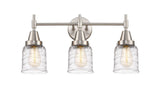 447-3W-SN-G513 3-Light 23" Satin Nickel Bath Vanity Light - Clear Deco Swirl Small Bell Glass - LED Bulb - Dimmensions: 23 x 7.75 x 11 - Glass Up or Down: Yes