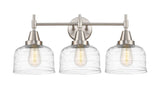 447-3W-SN-G713 3-Light 26" Satin Nickel Bath Vanity Light - Clear Deco Swirl Large Bell Glass - LED Bulb - Dimmensions: 26 x 9.25 x 11 - Glass Up or Down: Yes