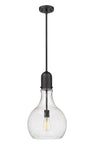492-1S-BK-G584-12 Stem Hung 11.75" Matte Black Mini Pendant - Seedy Amherst Glass - LED Bulb - Dimmensions: 11.75 x 11.75 x 20.25<br>Minimum Height : 29.25<br>Maximum Height : 53.25 - Sloped Ceiling Compatible: Yes