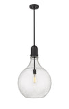 492-1S-BK-G584-16 1-Light 15.75" Matte Black Pendant - Seedy Amherst Glass - LED Bulb - Dimmensions: 15.75 x 15.75 x 24.75<br>Minimum Height : 33.75<br>Maximum Height : 57.75 - Sloped Ceiling Compatible: Yes