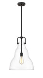 494-1S-BK-G592-14 1-Light 14" Matte Black Pendant - Clear Haverhill Glass - LED Bulb - Dimmensions: 14 x 14 x 19<br>Minimum Height : 28<br>Maximum Height : 52 - Sloped Ceiling Compatible: Yes