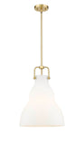 494-1S-SG-G591-14 1-Light 14" Satin Gold Pendant - Matte White Cased Haverhill Glass - LED Bulb - Dimmensions: 14 x 14 x 19<br>Minimum Height : 28<br>Maximum Height : 52 - Sloped Ceiling Compatible: Yes