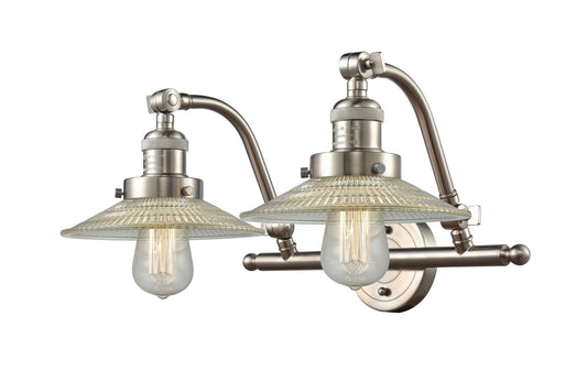 515-2W-SN-G2 2-Light 18.25" Brushed Satin Nickel Bath Vanity Light - Clear Halophane Glass - LED Bulb - Dimmensions: 18.25 x 10 x 12 - Glass Up or Down: Yes