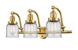 515-3W-SG-G52 3-Light 28" Satin Gold Bath Vanity Light - Clear Small Bell Glass - LED Bulb - Dimmensions: 28 x 10 x 12 - Glass Up or Down: Yes
