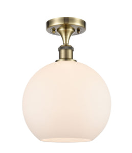 1-Light 10" Antique Brass Semi-Flush Mount - Cased Matte White Large Athens Glass LED