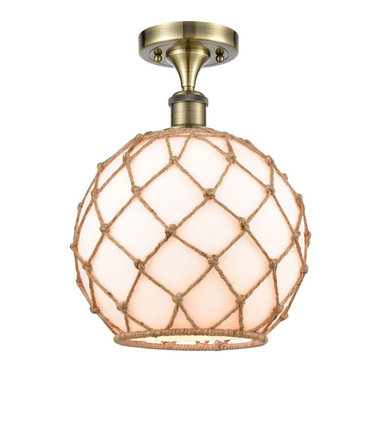 1-Light 10" Antique Brass Semi-Flush Mount - White Large Farmhouse Glass with Brown Rope Glass LED