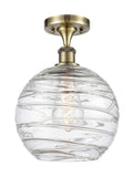 1-Light 10" Antique Brass Semi-Flush Mount - Clear Athens Deco Swirl 8" Glass LED