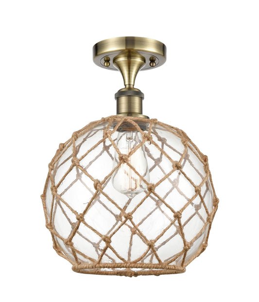 1-Light 10" Antique Brass Semi-Flush Mount - Clear Large Farmhouse Glass with Brown Rope Glass LED