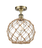 1-Light 10" Antique Brass Semi-Flush Mount - Clear Large Farmhouse Glass with Brown Rope Glass LED